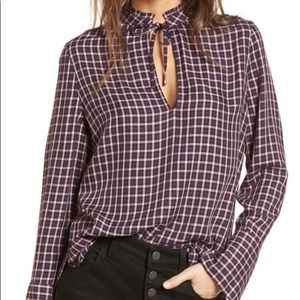 Treasure & Bond Plaid Blouse Maroon Red Navy Blue Tie Neck Long Sleeve Sz XXS